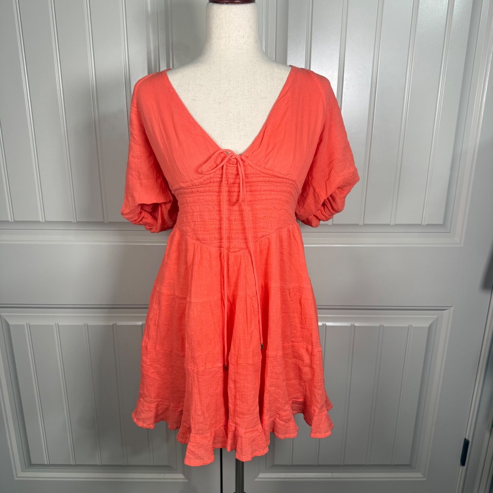 Free People Coral Orange Gauze Mini Dress Womens Medium Cotton Boho Coastal Puff
